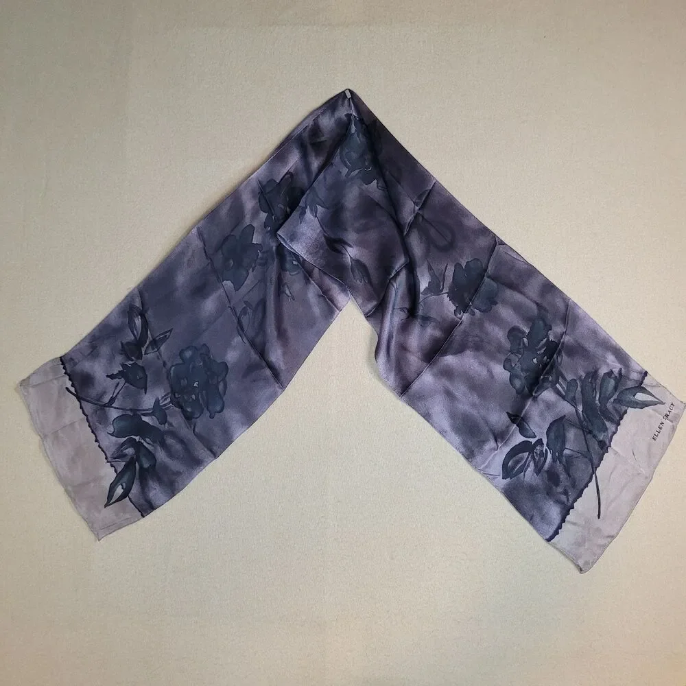 Ellen Tracy Vintage Sheer 100% Silk Scarf Purple Black Floral 53x11 Hand Rolled